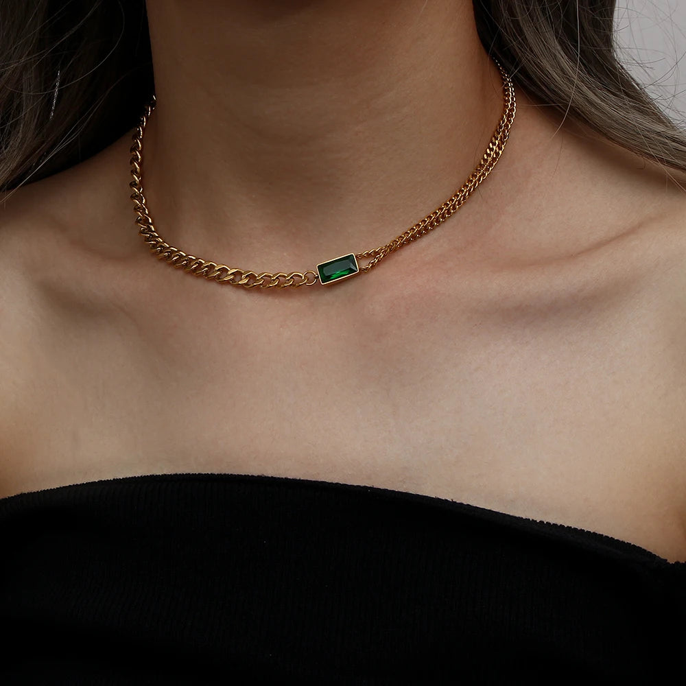 Stainless Steel 18K Gold Plated Vintage Green Emerald CZ Charm Creative Asymmetric Cuban Chain Choker Necklaces for Women