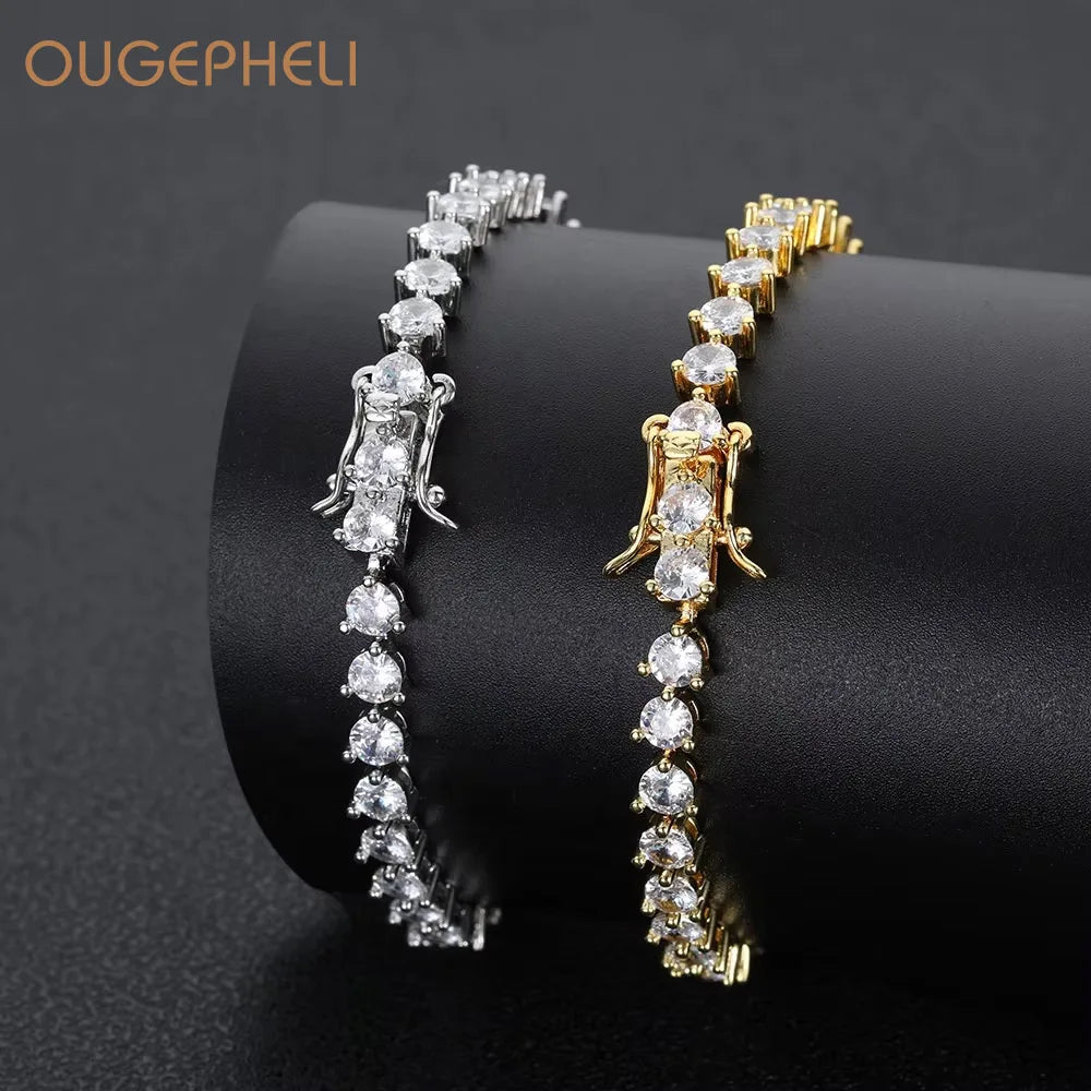 OUGEPHELI 4mm Tennis Chain Bracelet Iced Zircon Copper Hip Hop Jewelry for Men Women Multi Size Color Optional Wholesale Custom