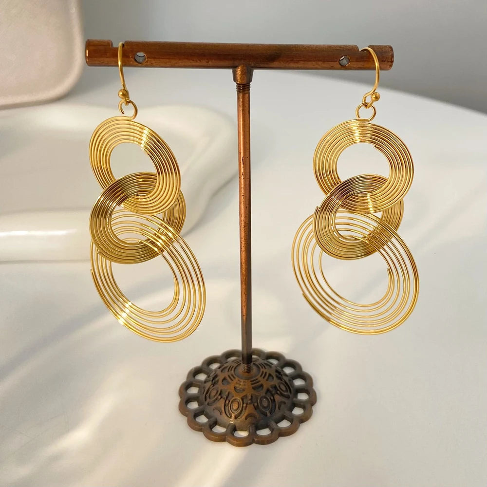 Exaggerated Stainless Steel Gold-plated 18k Long Earrings Multi-layer Circles Fashion Tassel Pendant Earring Jewelry