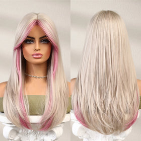 Mixed Light Blonde and Pink Wig Long Wavy Wigs with Bangs for Women Synthetic Wig Cosplay Daily Heat Resistant Hair