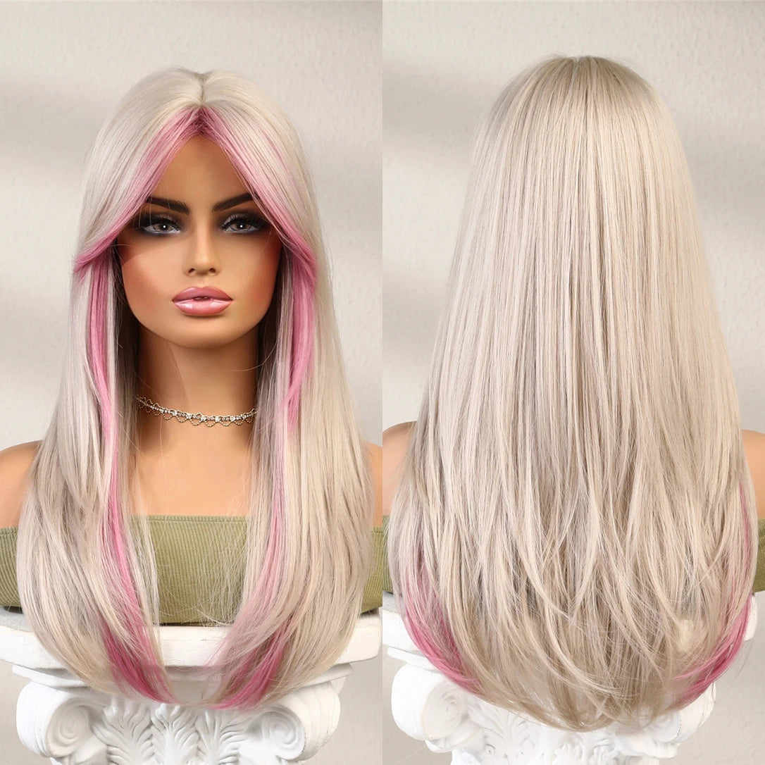 Mixed Light Blonde and Pink Wig Long Wavy Wigs with Bangs for Women Synthetic Wig Cosplay Daily Heat Resistant Hair