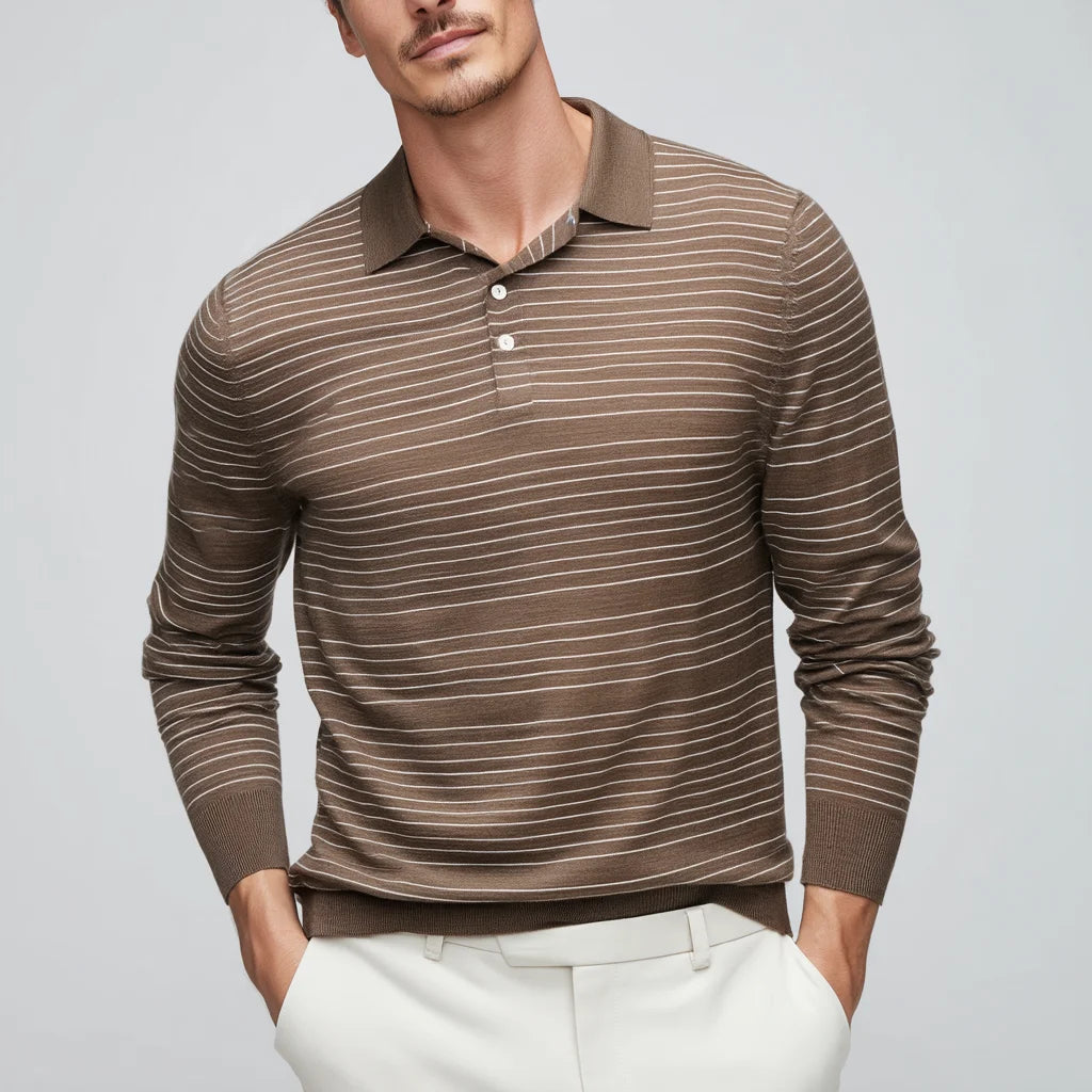 2025 Men's Fine Merino Wool Striped Knit for Polo Sweater Smart-Casual Long Sleeve Pullover Autumn Breathable Design