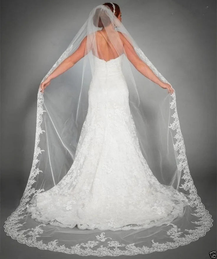 LUOXIN Factory Fashion Long Wedding Veils Applique Flowers Ivory Lace Bridal Veil