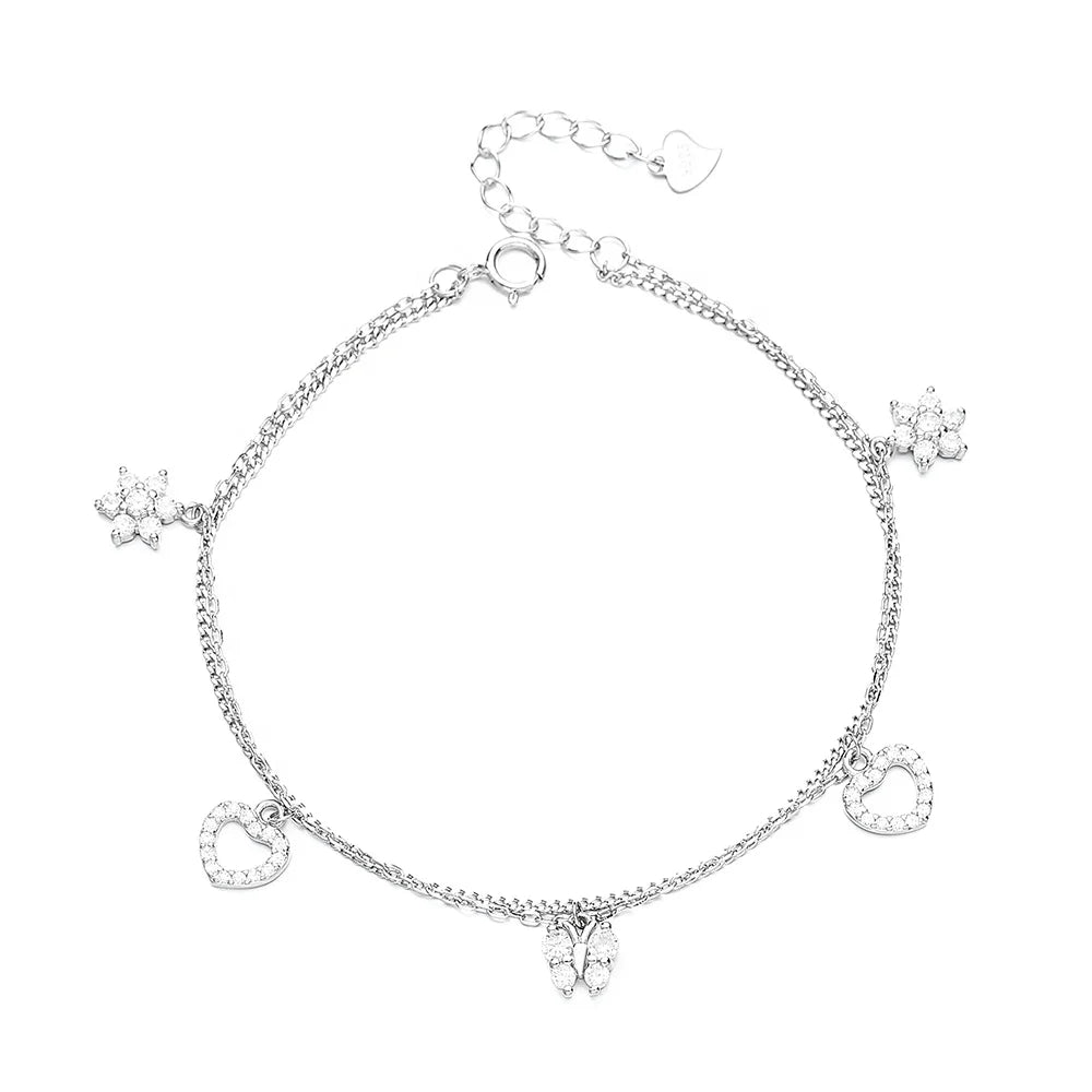 Lover Gift Sterling Silver S925 Fashion Heart-shaped butterfly Silver Bracelet