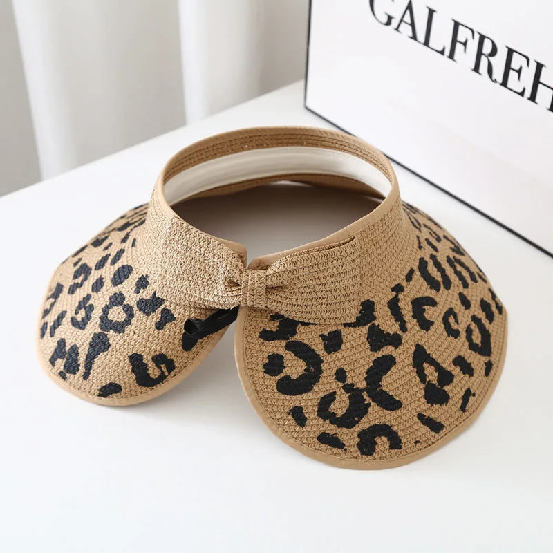 Hot Sale Women's UPF 50+ Wide Brim Bow Lightweight Foldable Roll up Leopard Straw Beach Sun Visor Hat