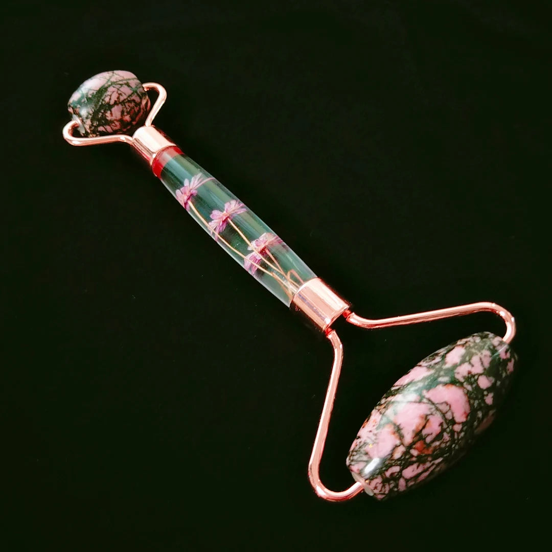 HY Jade massager massage stones flower handle facial massage stone rhodonite jasper roller