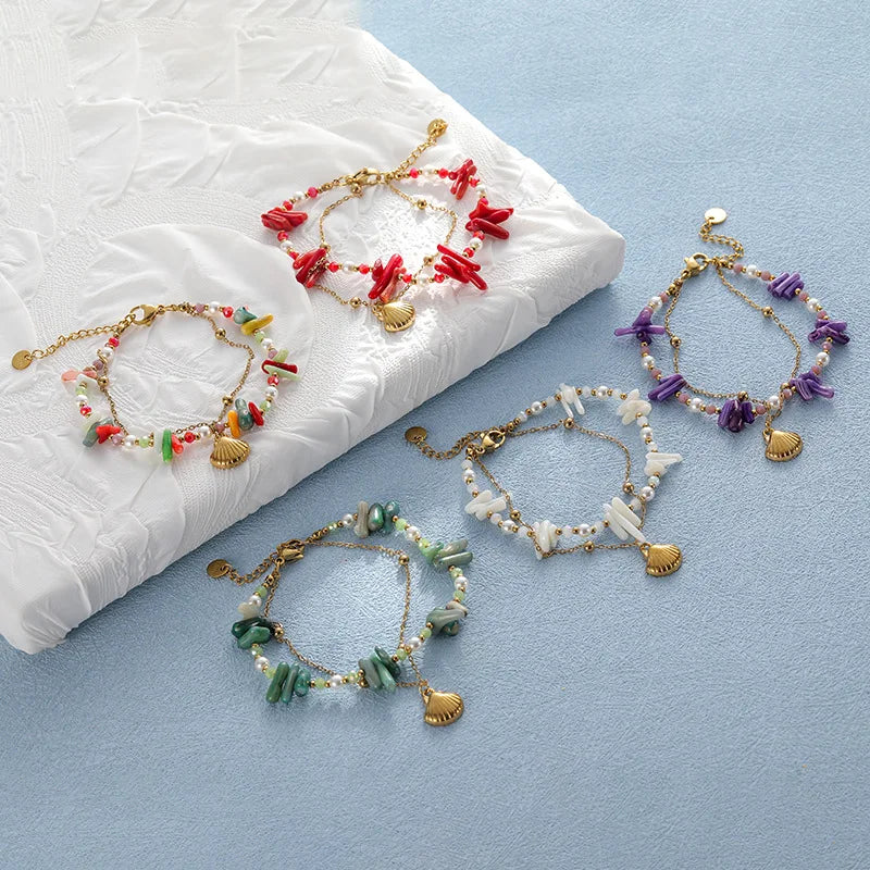 Bohemian Jewelry Irregular Natural Stone Bangle Stainless Steel Shell Charm Crystal Bracelet