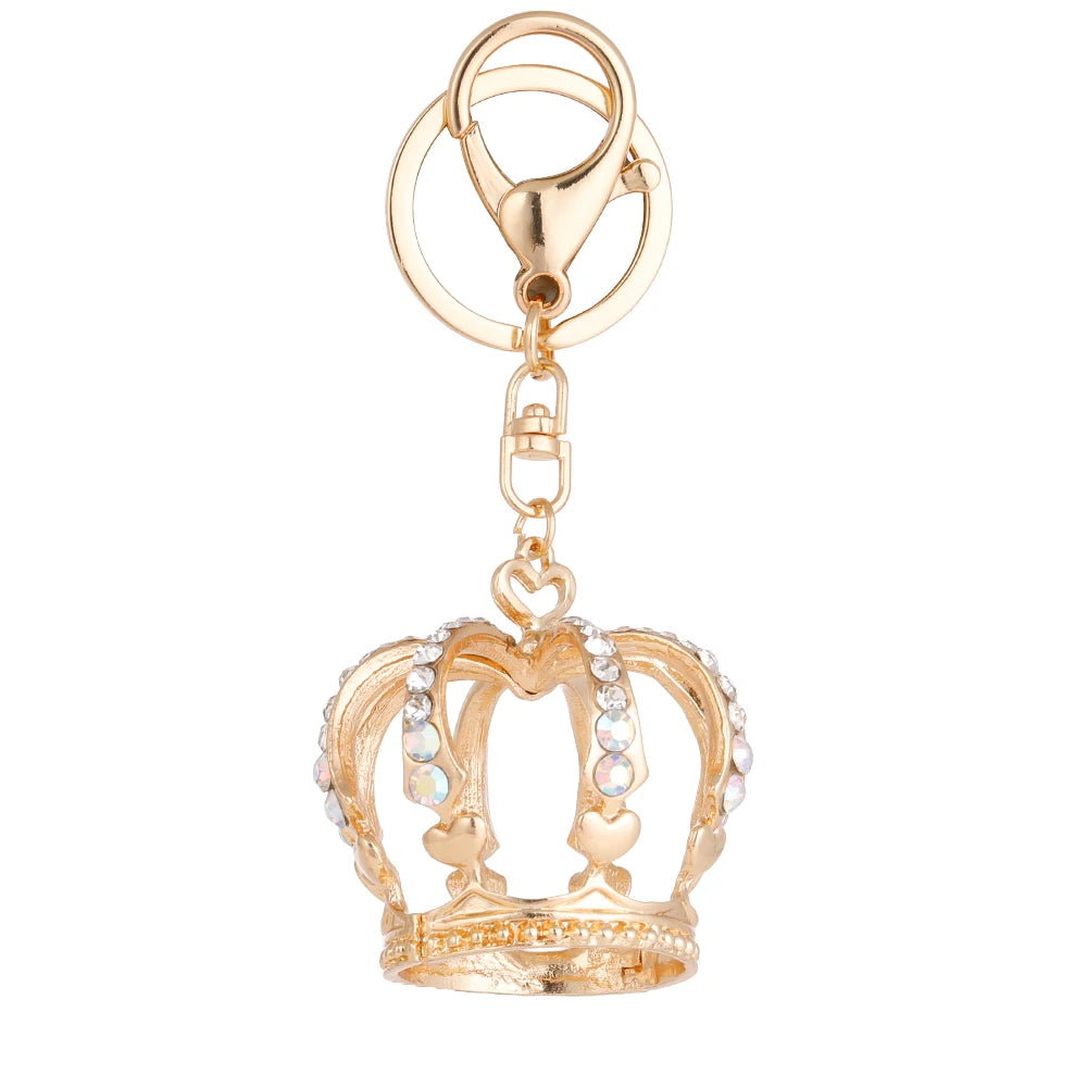 Wholesale Gold Plated Metal Crown Car Key Chain Bling Rhinestone Heart Large Crown Keychain for Women