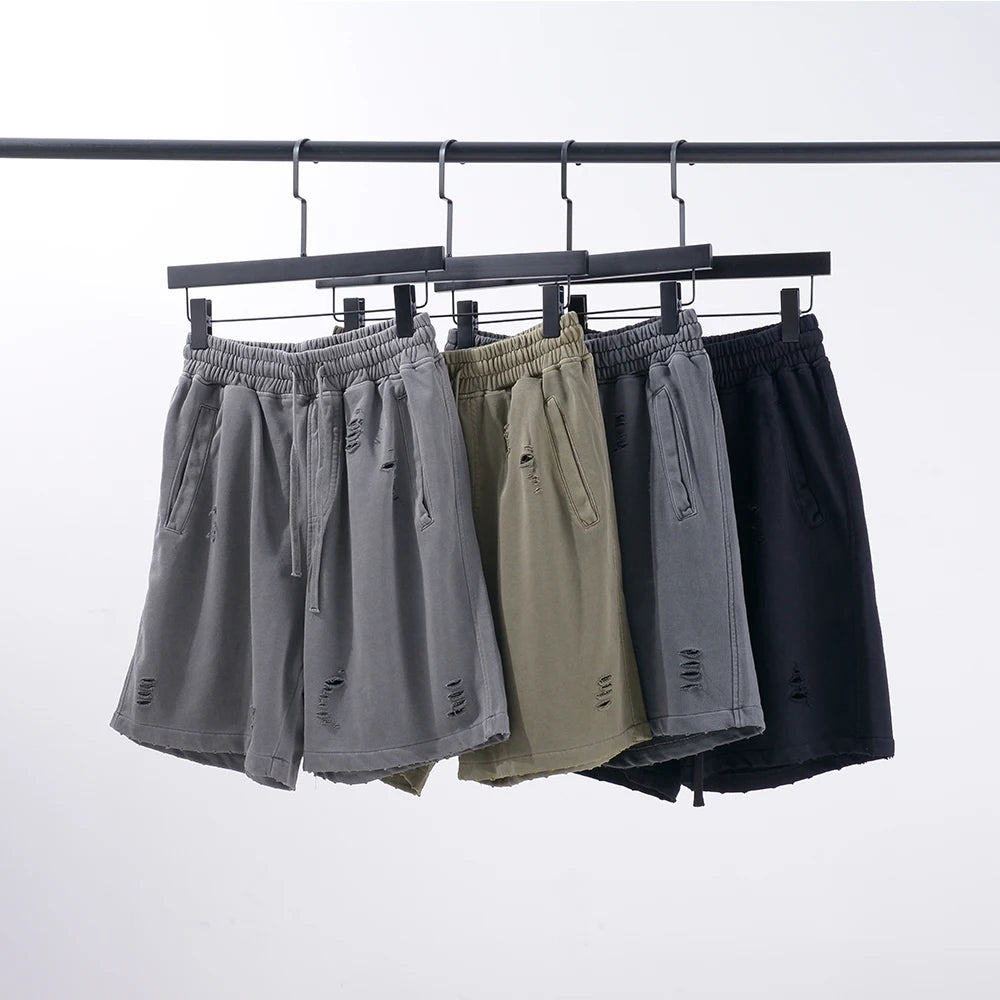 YQ Men's Vintage Washed Damaged Loose Shorts Worn-out Men's Retro Shorts Custom 350Gsm Blank Breathable Shorts