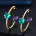 Fashion Yellow Gold Plated Cubic Zircon Purple Light Blue Double Love Heart Round Big Hoop Earrings Jewelry for Women Prom Party