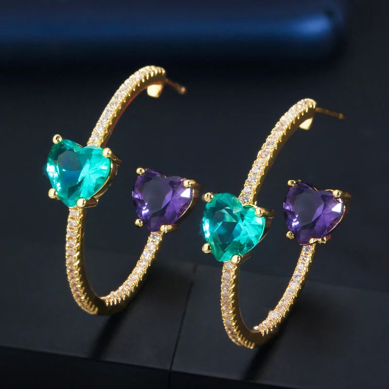 Fashion Yellow Gold Plated Cubic Zircon Purple Light Blue Double Love Heart Round Big Hoop Earrings Jewelry for Women Prom Party