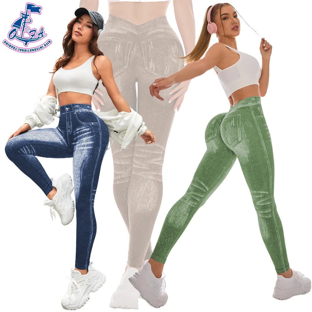 2025 New 10 Colors Nylon Digital Print Imitation Denim Leggings Gym Fitness Scrunch Butt Yoga Wear Elastic Stretching Pants