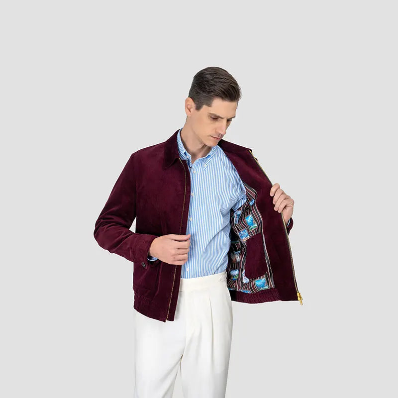 MTM Custom Men's Casual Jacket Burgundy 100% Cotton Turn-Down Collar Zipper Closure Spring Woolen Safari Style ODM Supply Dyed