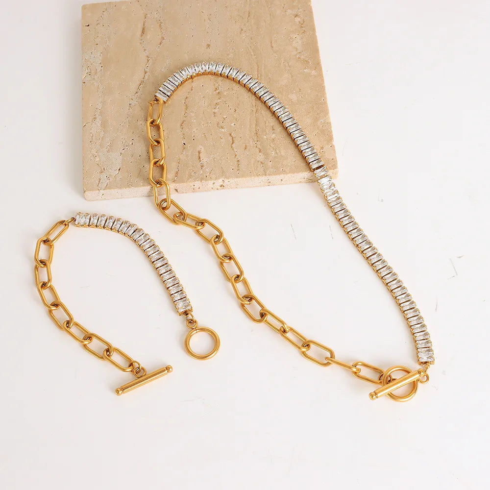 OT Buckle Chain Women Jewelry 18K Gold PVD Plated Stainless Steel Zircon Diamond Rectangle Tennis Chain Necklace Bracelet Set