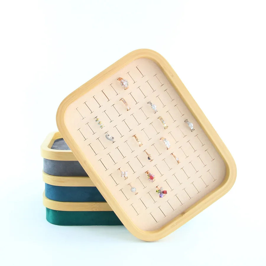 Bamboo and Wood Ring Plate Green Microfiber Wool Jewelry Store Display Rack Live Props for Container