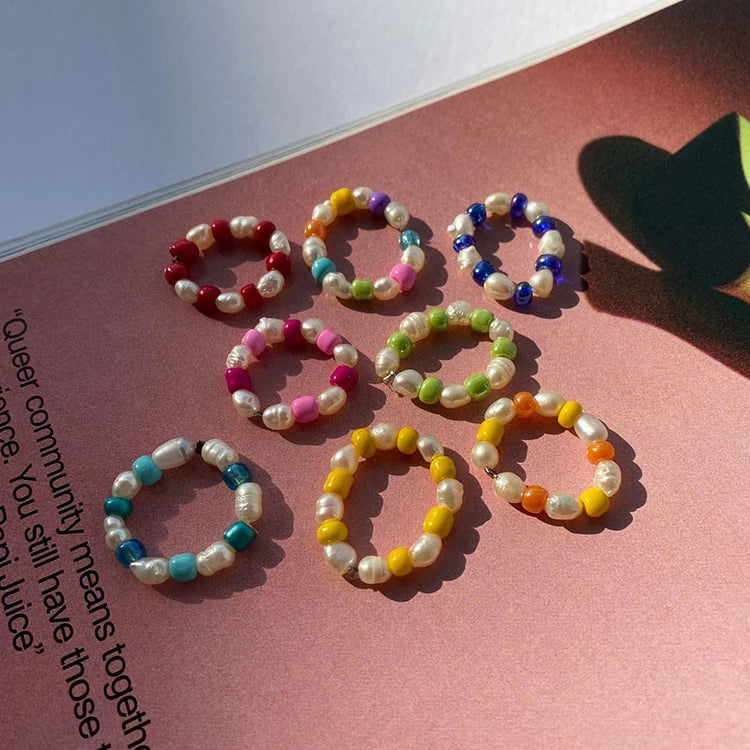 Freshwater Pearl Rings Charm Stretch Braided Colorful Rice Seed Beads Rings SR016