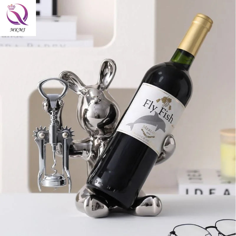 Creative Light Luxury Rabbit Wine Rack Silver Ceramic Ornaments Living Room Wine Cabinet Home Decoration Gifts