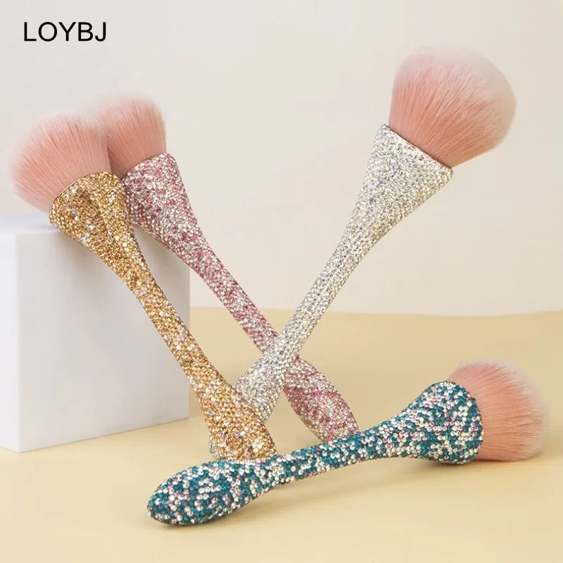Luxury Bling Diamond Rose Gold Synthetic Hair Makeup Brush for Face Loose Powder Blush Contour Nail Dust