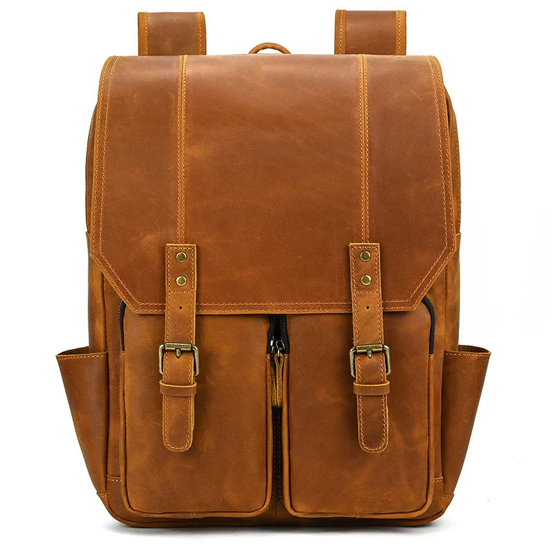 Retro Backpack Large Capacity Men's Fashion Backpack Cowhide 16 Inch Travel Bag School Bag Leather Backpack