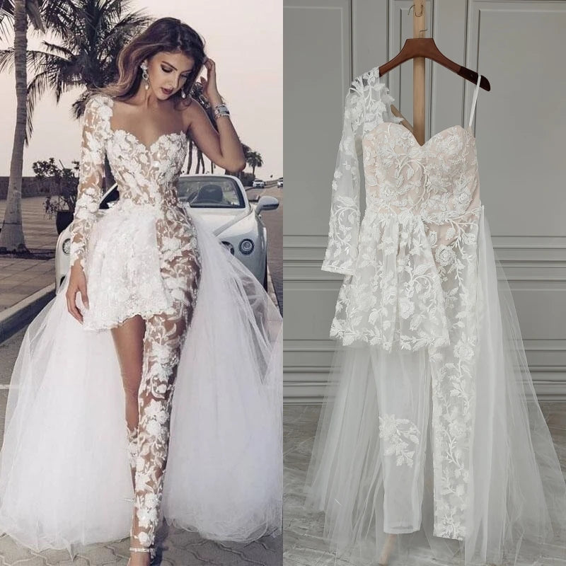 15389# Real Photos Boho Wedding Jumpsuit One Shoulder Appliques Lace Detachable Sweep Train Wedding Dress Sexy Bridal Gown