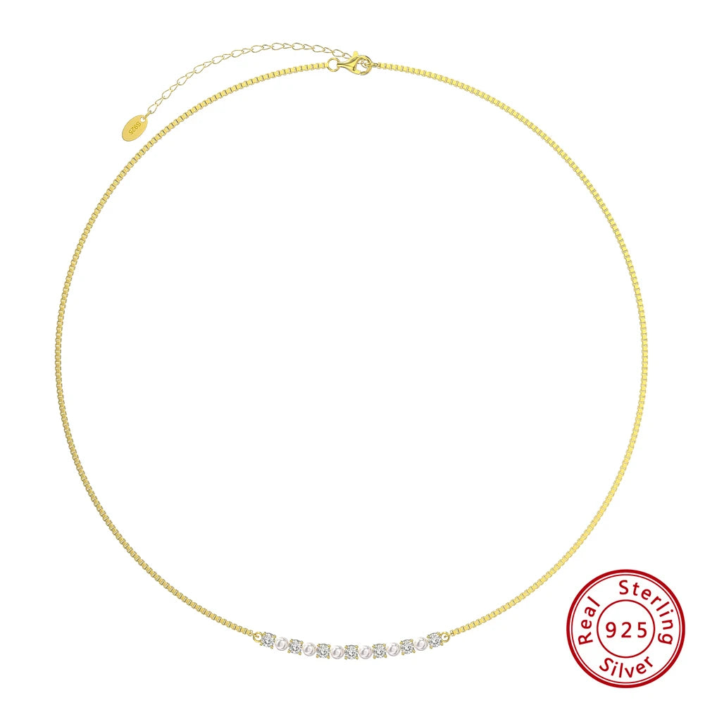Fine Custom Jewelry Dainty 925 Sterling Silver Cultured Freshwater Pearl Cubic Zirconia Flat Bar Curved Bar Necklace for Women