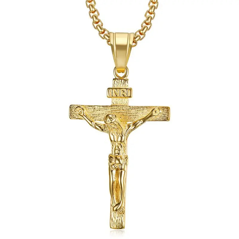 Men's Stainless Steel Gold Plated Cross Pendant Croix Jesus Necklace Christian Jewelry with Box Chain for Anniversary