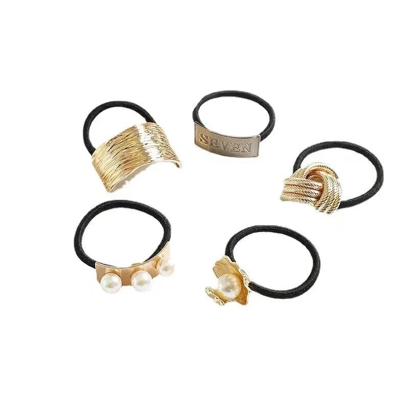 Popular Women Hair Rope Gold Geometry Metal Hair Ties for Thick Hair Girls Simple Fashion Black Rubber Elastic Band