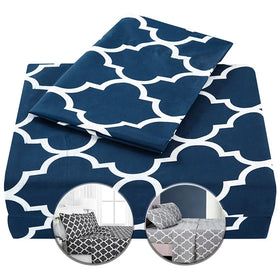 4pcs Bedding Printed Bed Sheet Set - 1 Fitted Sheet 1 Flat Sheet and 2 Pillowcases Navy Quatrefoil With White Pattern