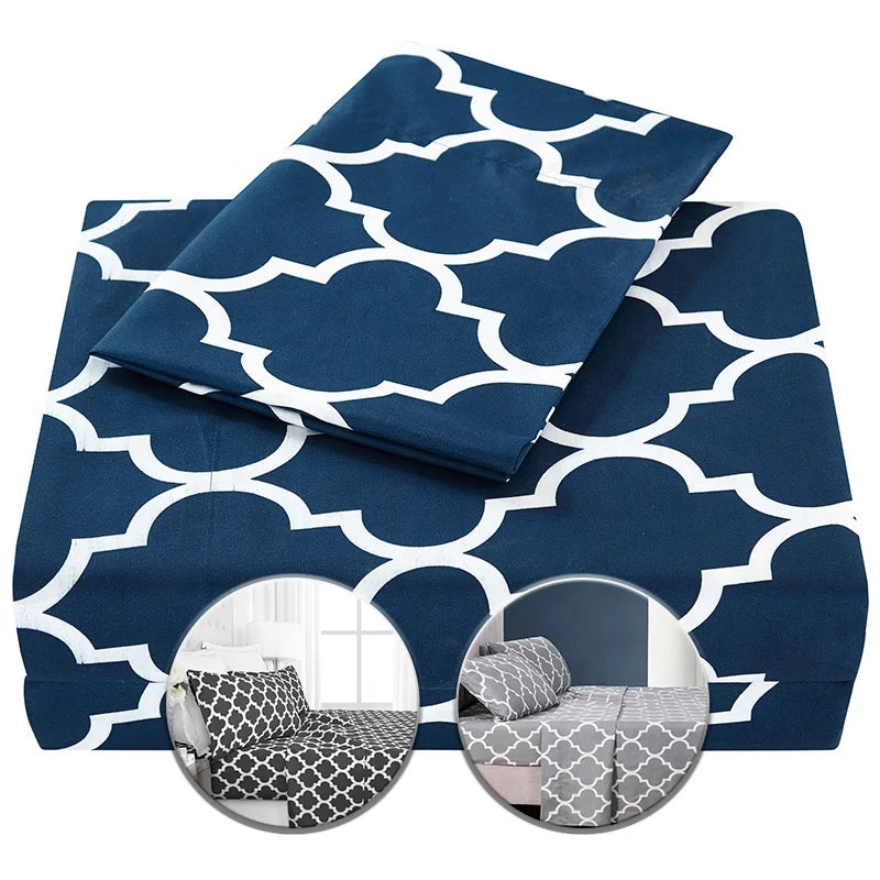 4pcs Bedding Printed Bed Sheet Set - 1 Fitted Sheet 1 Flat Sheet and 2 Pillowcases Navy Quatrefoil With White Pattern