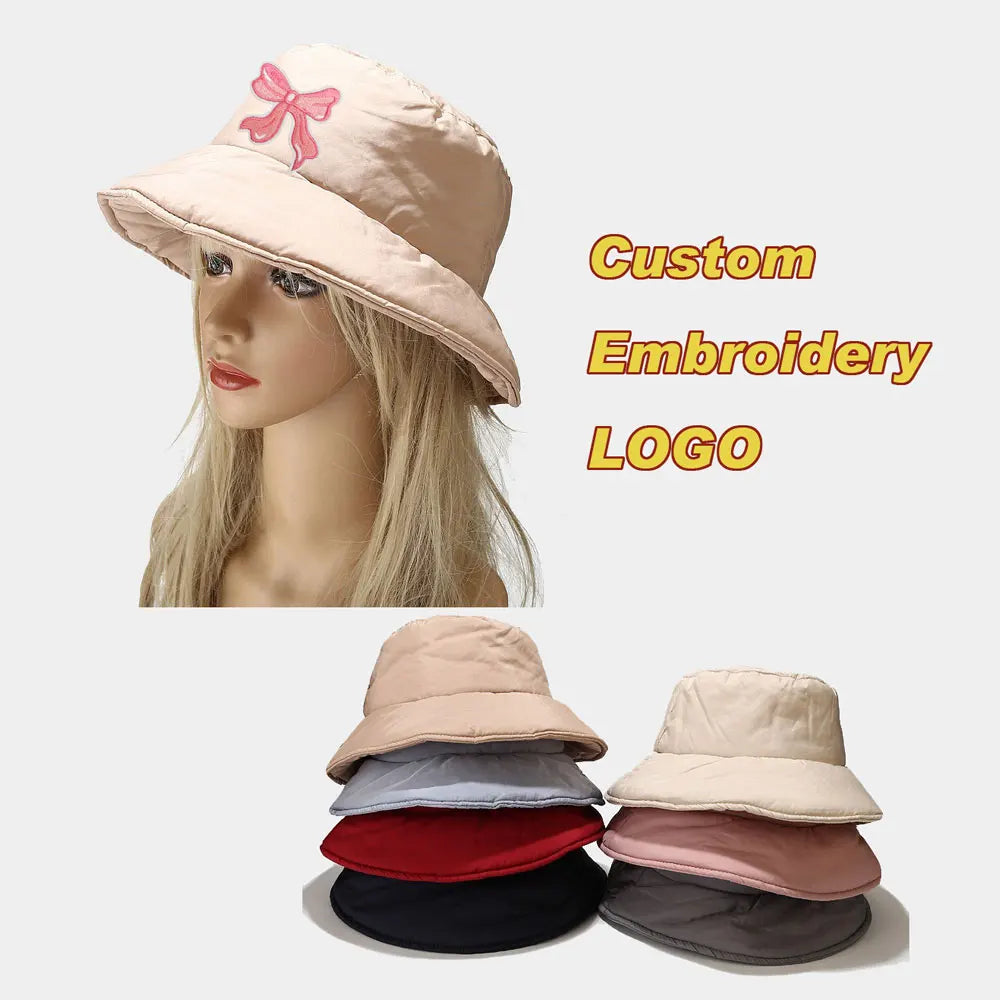 Custom Embroidery Logo Patch Winter Puffer Bucket Hat Thick Warm Foam for Fishing Casual Cycling Daily Use Poplin Fabric