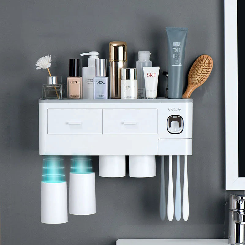 5-Star Rated Wall-Mounted Bathroom Rack Set No Punching Required Essential Toothbrush Holder Toothpaste Dispenser for Hotels for