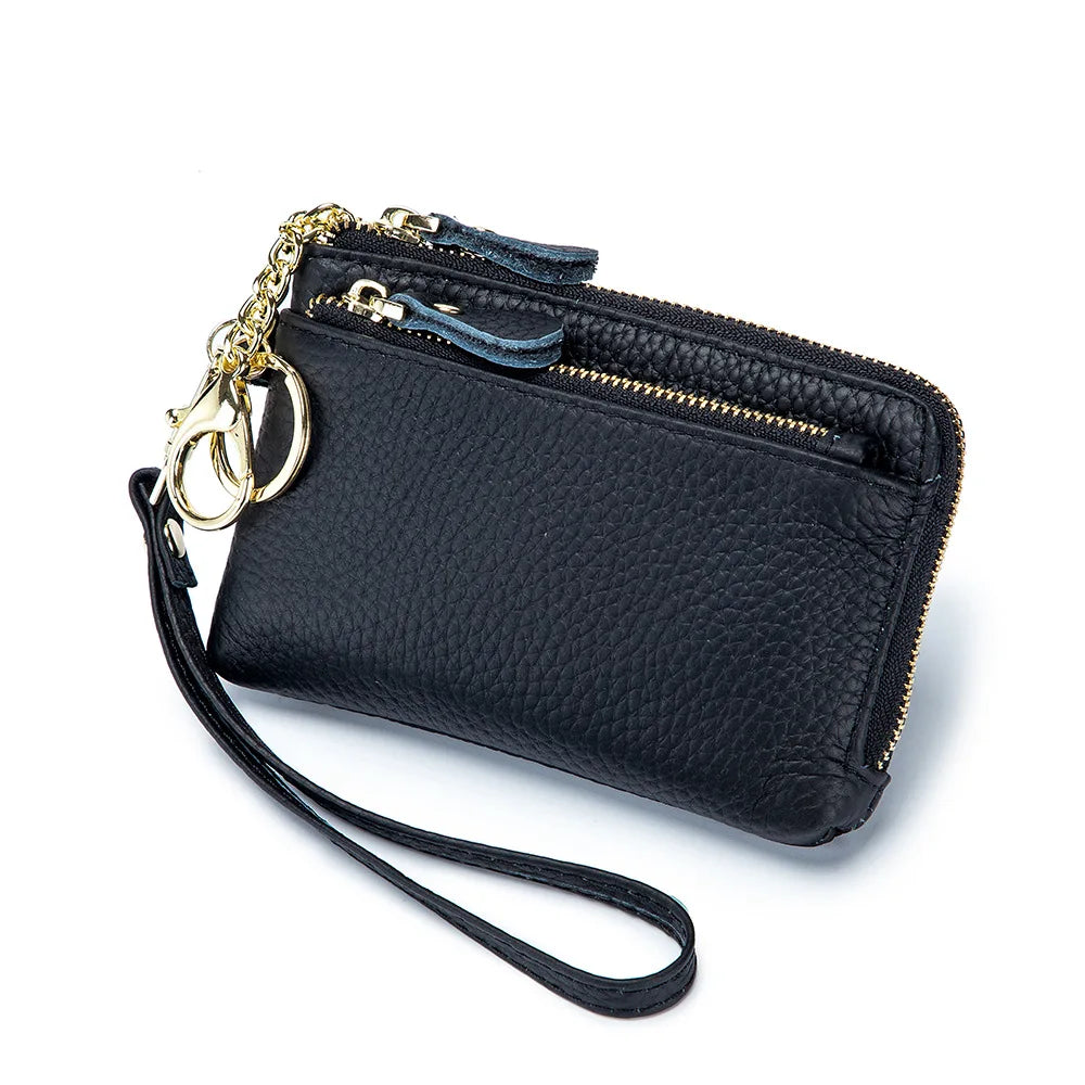 Women's Fashion RFID Genuine Leather Wallet with Zipper Closure Large Capacity Card Holder and Hand Strap Short Clutch Purse