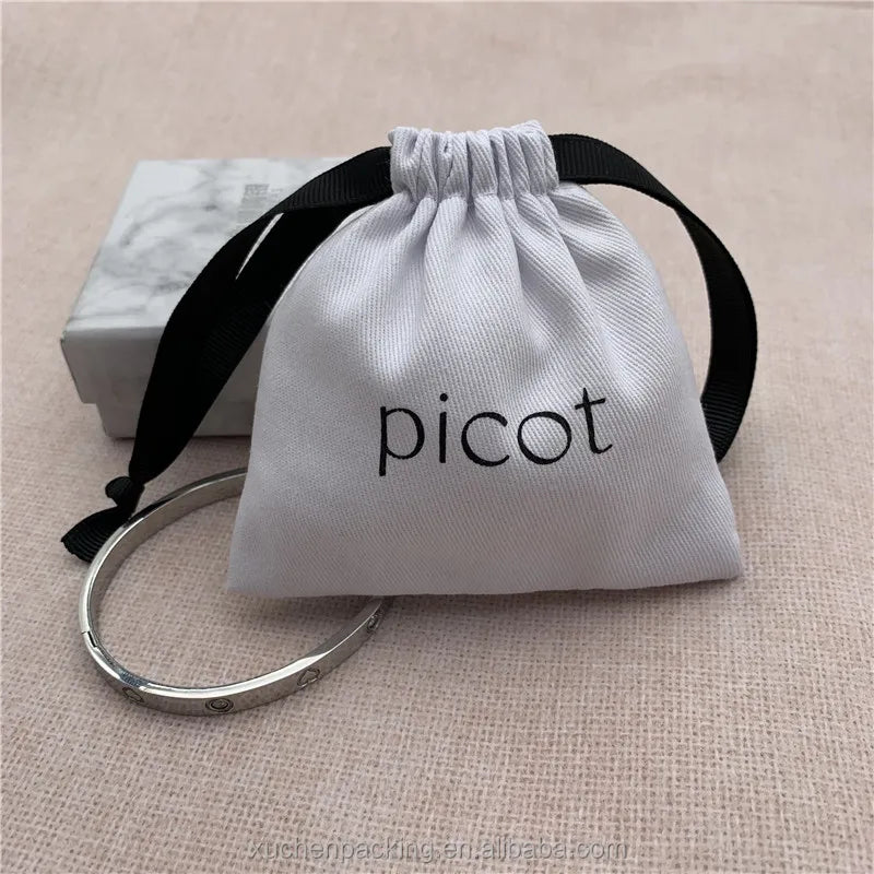 10x10cm White Twill Cotton Bracelet Packaging Bag With Custom Logo Cotton Drawstring Bag for Eyelashes