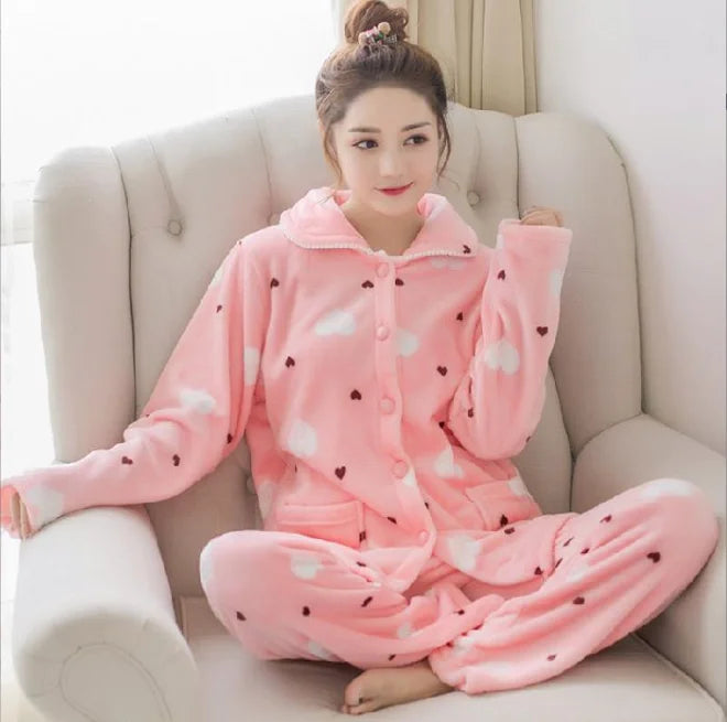 Women's Autumn and Winter Flannel Pajamas Winter Coral Cardigan Warm Pajamas Home Clothing Set