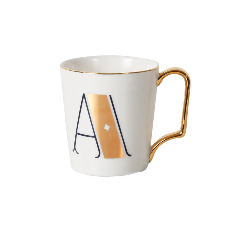 Solhui Nordic Alphabet Mug Ceramic Coffee Mugs Cup with Gold Rim and Gold Handle Printed Letters Wholesale
