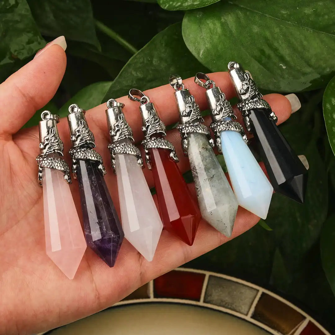 Antique Silver Plated Dragon Skull Wire Wrap Hexagonal Crystal PendantDivination Pendulum for Men Women Meditation Jewelry DIY