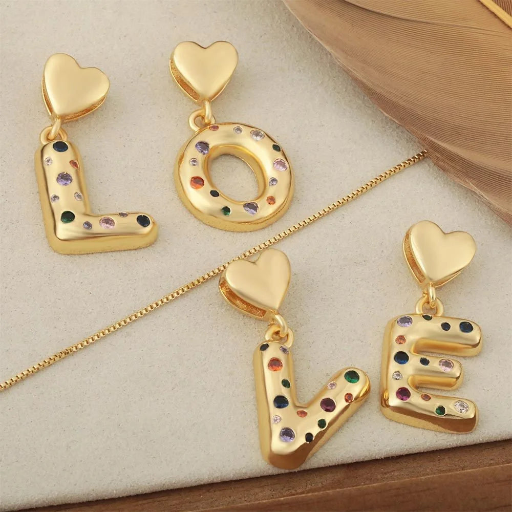 Copper Plated Gold 26 Heart-shaped English Letter Pendant Necklace Set with Colorful Zircon Sweet and Cute DIY Pendant