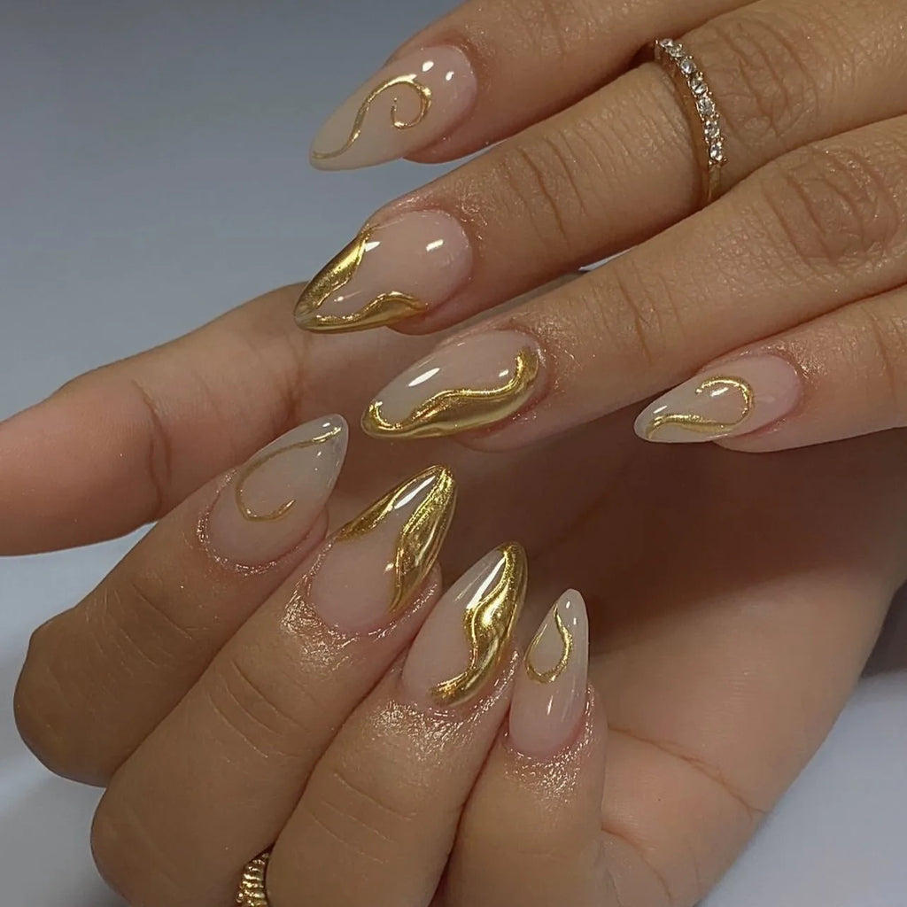 Dropshipping 24 Pcs 3721 3D Gold Irregular Nail Tips - Short Almond Shape Press on Nails Artificial Fingernails Customize
