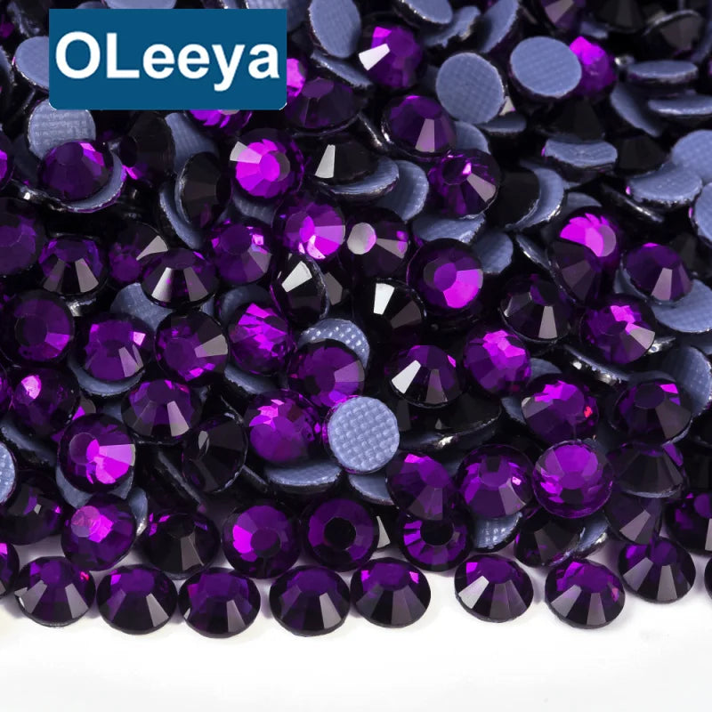 Oleeya Glass Purple Colors German Strong Glue on Hot Fix Rhinestones Crystals Strass Hot Press Iron Rhinestone for  Bows Clothes