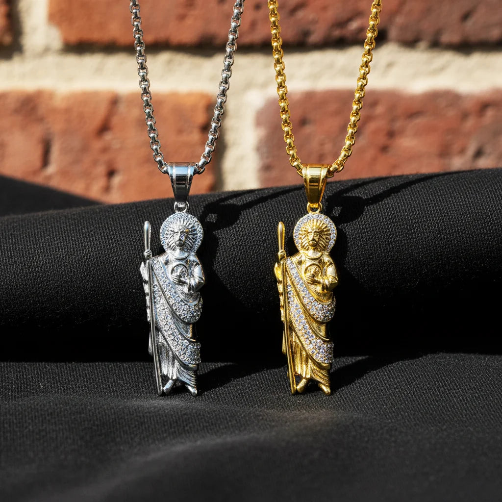 Vintage Christian Men's Jewelry Stainless Steel 18K Gold Plated Hip Hop St.Jude Crystal Rhinestone Pendant Necklace for Gift