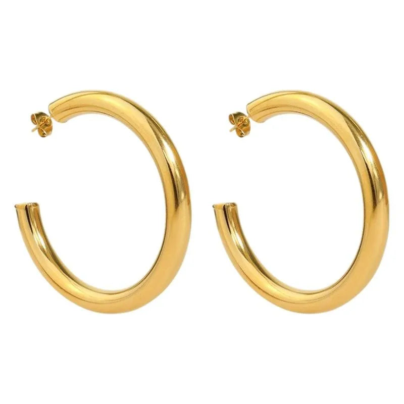 Classic Large C Shape Round Ladies Stud Earrings Stainless Steel Hollow Fashionable Trendy Style for Gift