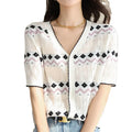 Summer Short-sleeved Knit Cardigan Casual Slim Hollow V-neck Knitwear Thin Knitted Bottom Top for Women