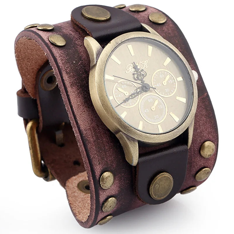 Antique Vintage Quartz Digital Watch for Men 40mm Dial Glass Window 20mm Wide Hip Hop Jewelry Alloy Buckle Genuine Leather Band