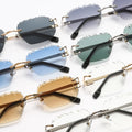 Fashionable Green Double Bridge Frame Irregular Cut Lenses Rimless Metal Sun Glasses Square Frameless Cut-Edged Sunglasses