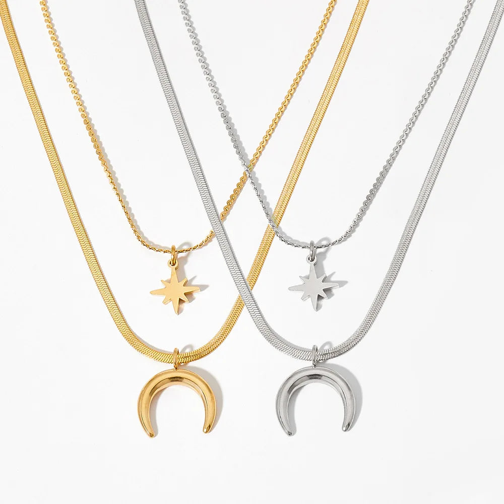 Jachon Vintage Titanium Star Necklace Women High Quality Gold Plated Stainless Steel Moon Choker Necklaces for Women's Jewelry