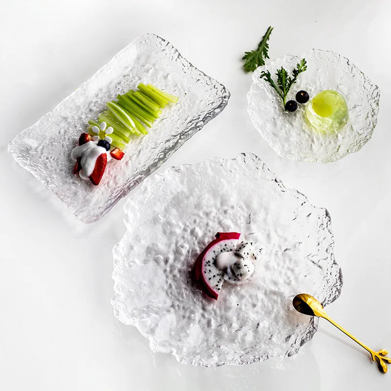 Japanese Clear Melting Ice Glass Dessert Sushi Plate Long square Plate Tea Plate Household Tableware