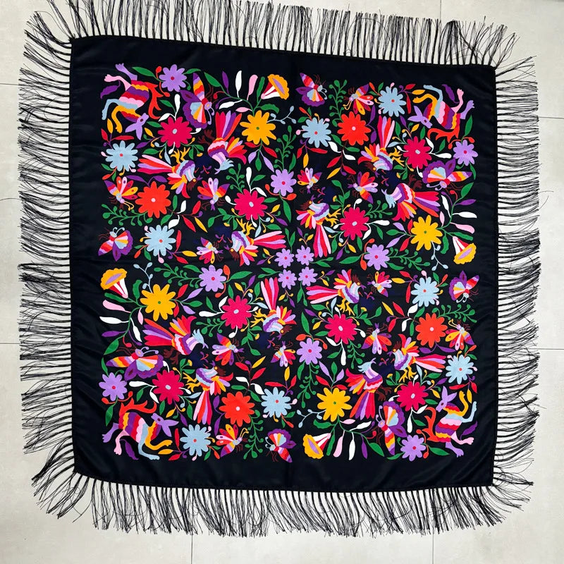 2025 New Style Daisy Twill Printed 110*110 cm Square Polyester Scarf Shawl Big Flower Turban Ethnic Style Scarf