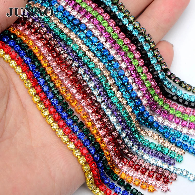 JUNAO Multi Color SS6 SS8 SS12 SS16 Glass Rhinestone Chain Garment Accessory Emerald Rhinestone Banding