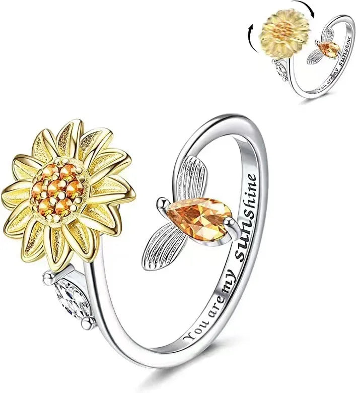 Hot-Sale Open Adjustable Bee Sun Star Rotating Finger Ring Custom Letter Logo Sunflower Spinner Rings for Anxiety