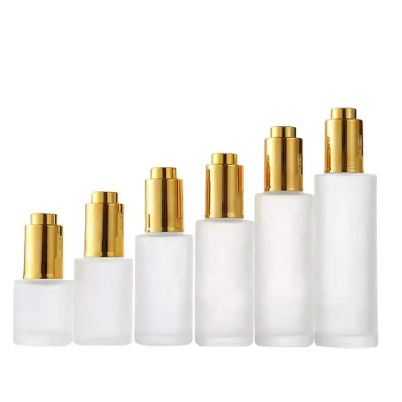 Frosted Glass Dropper Bottle 20ml 30ml 50ml 60ml 100ml Flat Shoulder Push Button Serum Gold Press Pump Essential Oil Bottles